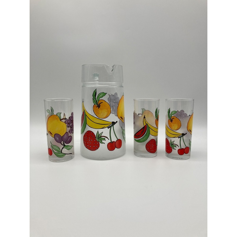 Vintage Arcoroc Luminarc France Fruit Glass Pitcher & 3 Tumblers Set